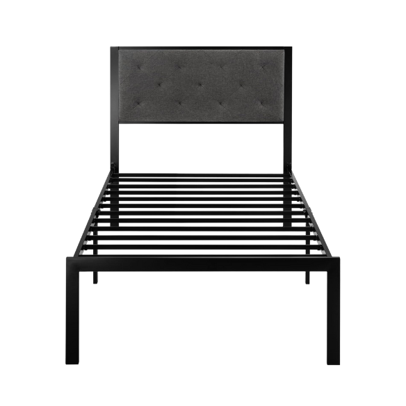 Dark grey twin metal platform bed frame with headboard, squeak-resistant structure, under-bed storage, and minimalist design.