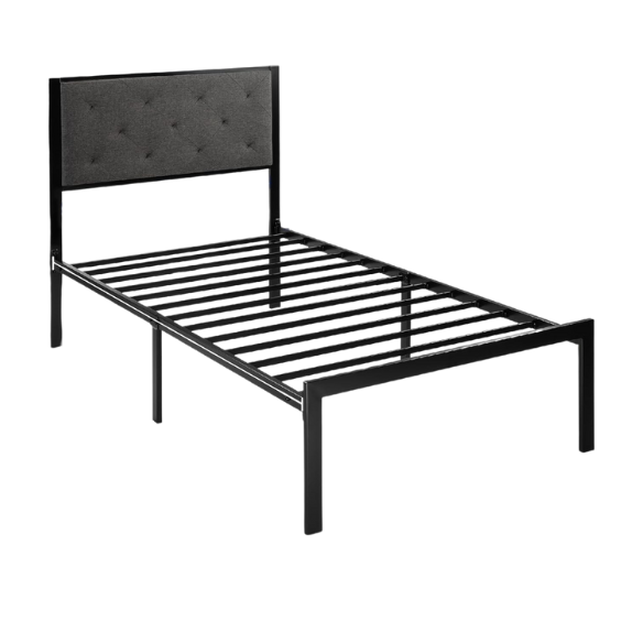 Dark grey twin metal platform bed frame with headboard, squeak-resistant structure, under-bed storage, and minimalist design.