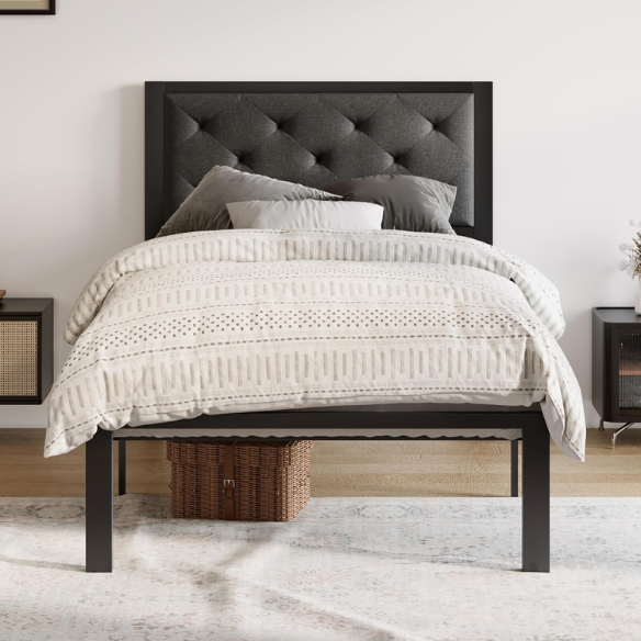 Dark grey twin metal platform bed frame with headboard, squeak-resistant structure, under-bed storage, and minimalist design.
