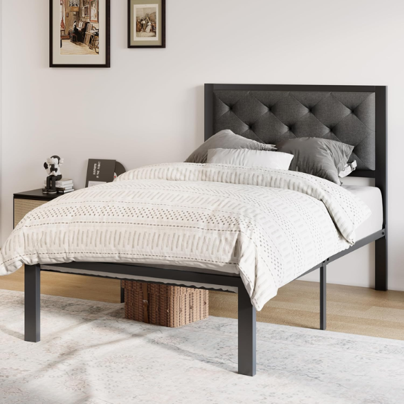 Dark grey twin metal platform bed frame with headboard, squeak-resistant structure, under-bed storage, and minimalist design.