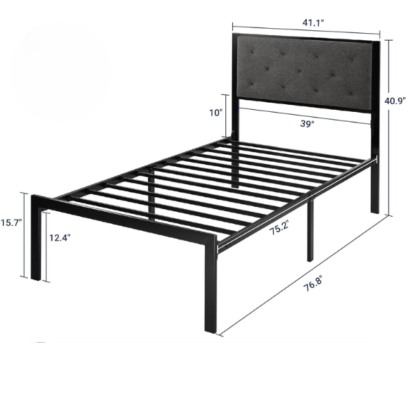 Dark grey twin metal platform bed frame with headboard, squeak-resistant structure, under-bed storage, and minimalist design.
