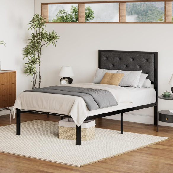 Dark grey twin metal platform bed frame with headboard, squeak-resistant structure, under-bed storage, and minimalist design.