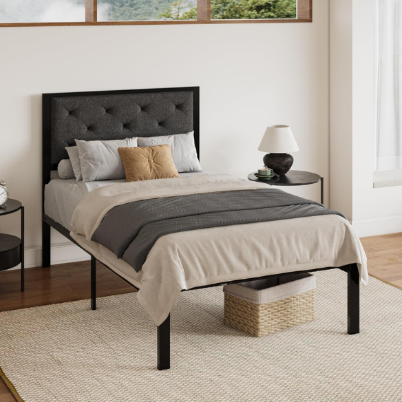 Dark grey twin metal platform bed frame with headboard, squeak-resistant structure, under-bed storage, and minimalist design.