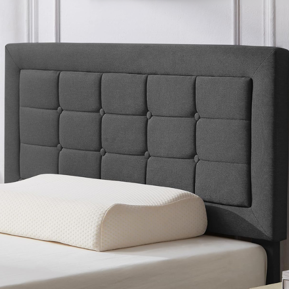 Dark gray twin upholstered platform bed frame with adjustable tufted linen headboard, sturdy metal and engineered wood construction, no box spring needed, and noise-resistant design.