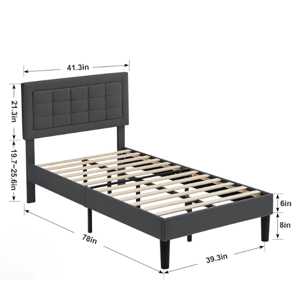 Dark gray twin upholstered platform bed frame with adjustable tufted linen headboard, sturdy metal and engineered wood construction, no box spring needed, and noise-resistant design.