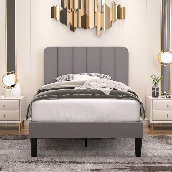 Dark grey twin upholstered platform bed with tufted headboard, metal and wood frame, under-bed storage, and adjustable height headboard.