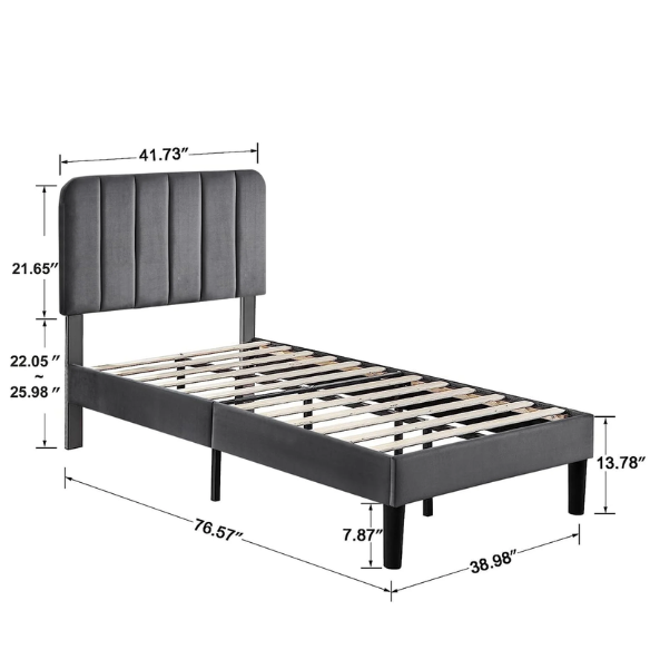 Dark grey twin upholstered platform bed with tufted headboard, metal and wood frame, under-bed storage, and adjustable height headboard.