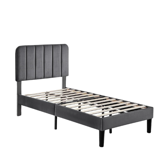 Dark grey twin upholstered platform bed with tufted headboard, metal and wood frame, under-bed storage, and adjustable height headboard.