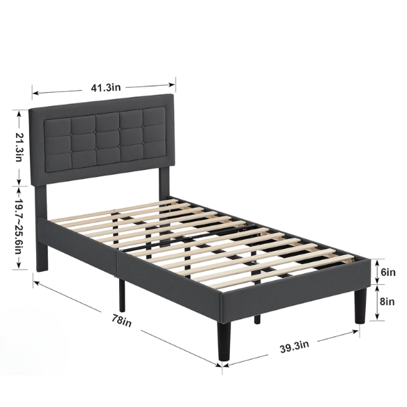Dark grey twin-size upholstered platform bed with button-tufted adjustable headboard, wooden slats, steel center support, and underbed storage clearance.