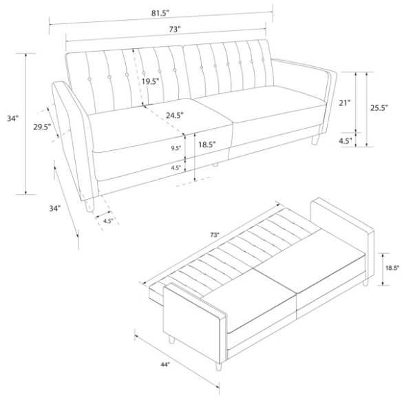 Dark grey velvet convertible sofa with vertical tufting, split-back design, square arms, and brown tapered legs, convertible into a twin-size sleeper.