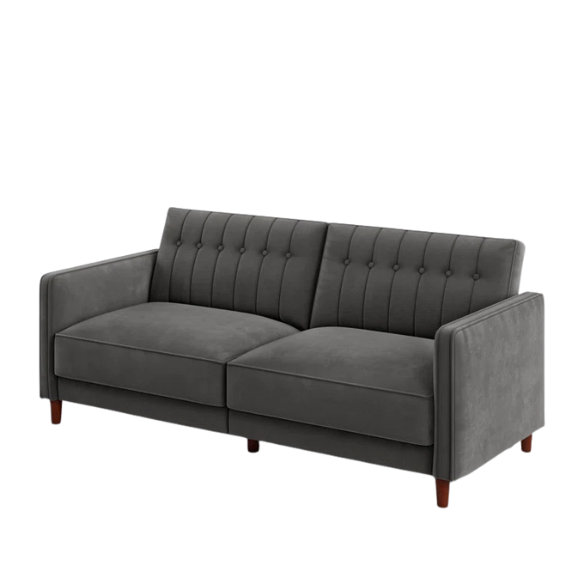 Dark grey velvet convertible sofa with vertical tufting, split-back design, square arms, and brown tapered legs, convertible into a twin-size sleeper.