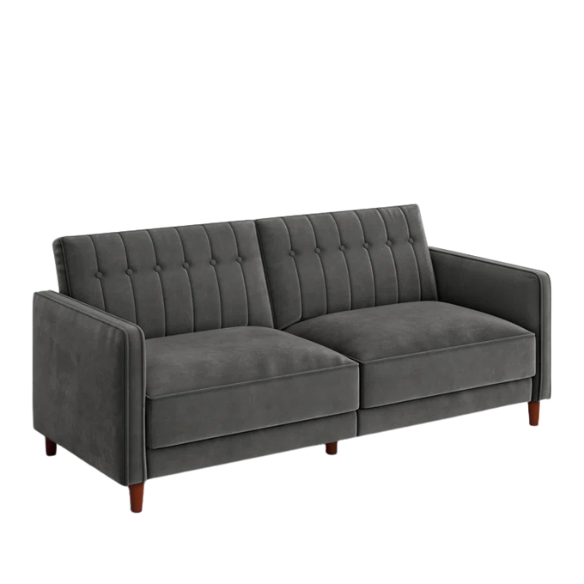 Dark grey velvet convertible sofa with vertical tufting, split-back design, square arms, and brown tapered legs, convertible into a twin-size sleeper.