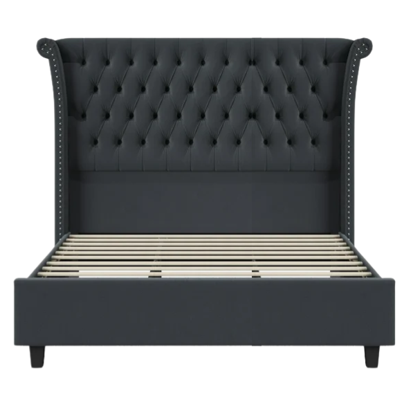 Dark grey velvet king-size platform bed with tall tufted wingback headboard, nailhead trim, and no box spring required