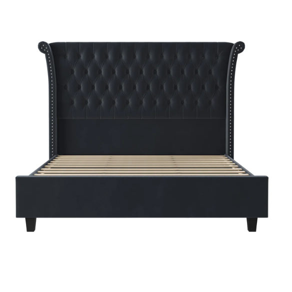 Dark grey velvet king-size platform bed with tall tufted wingback headboard, nailhead trim, and no box spring required