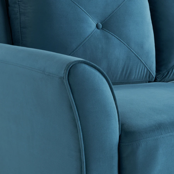 Modern 3-seater sofa upholstered in dark teal microfiber with tufted back cushions, flared arms, and a durable eucalyptus wood frame – ideal for transitional or modern living spaces