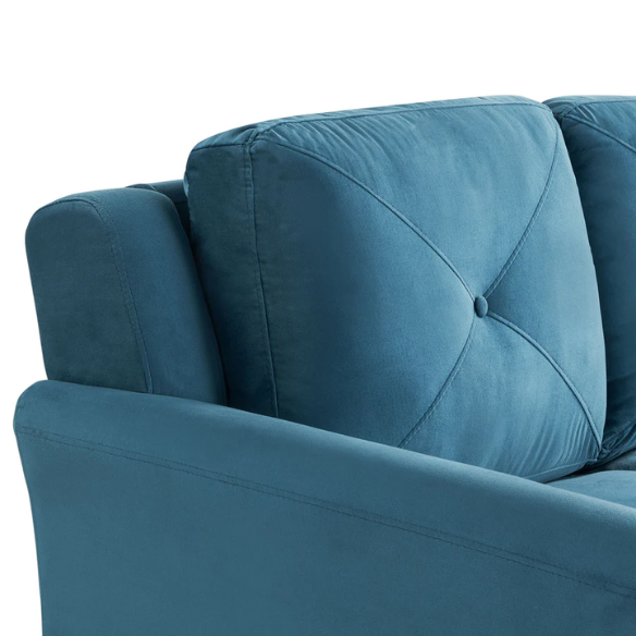 Modern 3-seater sofa upholstered in dark teal microfiber with tufted back cushions, flared arms, and a durable eucalyptus wood frame – ideal for transitional or modern living spaces