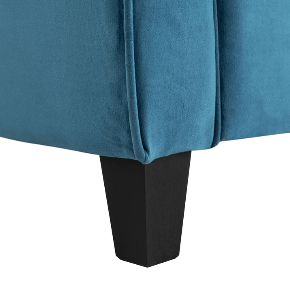 Modern 3-seater sofa upholstered in dark teal microfiber with tufted back cushions, flared arms, and a durable eucalyptus wood frame – ideal for transitional or modern living spaces