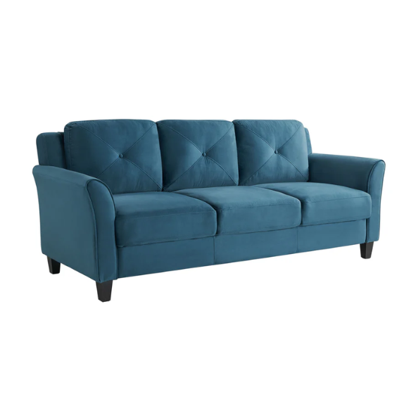 Modern 3-seater sofa upholstered in dark teal microfiber with tufted back cushions, flared arms, and a durable eucalyptus wood frame – ideal for transitional or modern living spaces