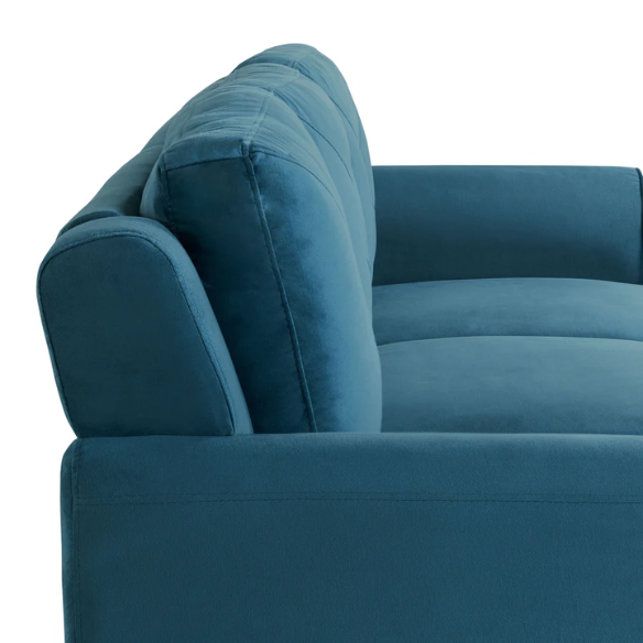 Modern 3-seater sofa upholstered in dark teal microfiber with tufted back cushions, flared arms, and a durable eucalyptus wood frame – ideal for transitional or modern living spaces