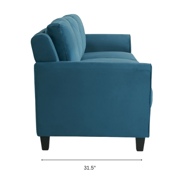 Modern 3-seater sofa upholstered in dark teal microfiber with tufted back cushions, flared arms, and a durable eucalyptus wood frame – ideal for transitional or modern living spaces