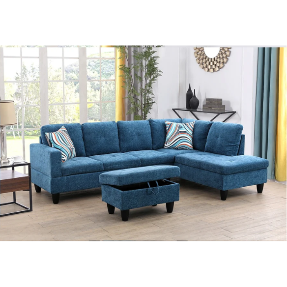 Dark teal L-shaped sectional sofa with right-facing chaise and ottoman, microfiber upholstery and light gray wooden legs