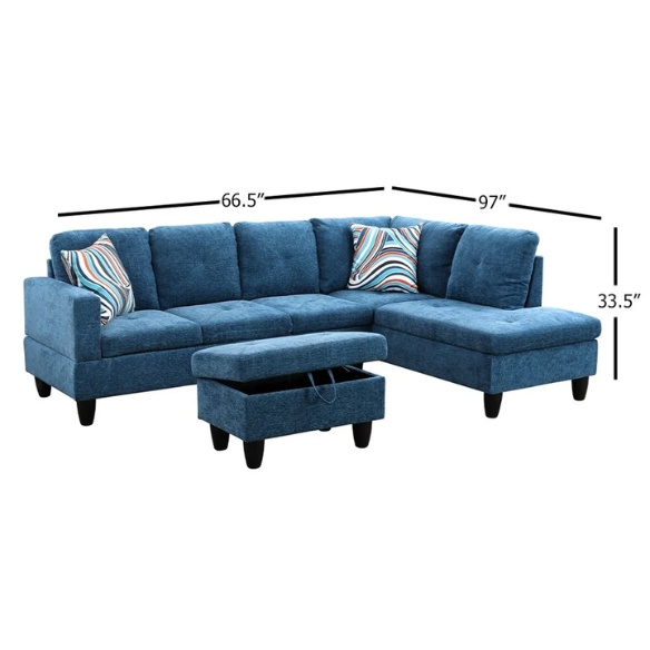 Dark teal L-shaped sectional sofa with right-facing chaise and ottoman, microfiber upholstery and light gray wooden legs