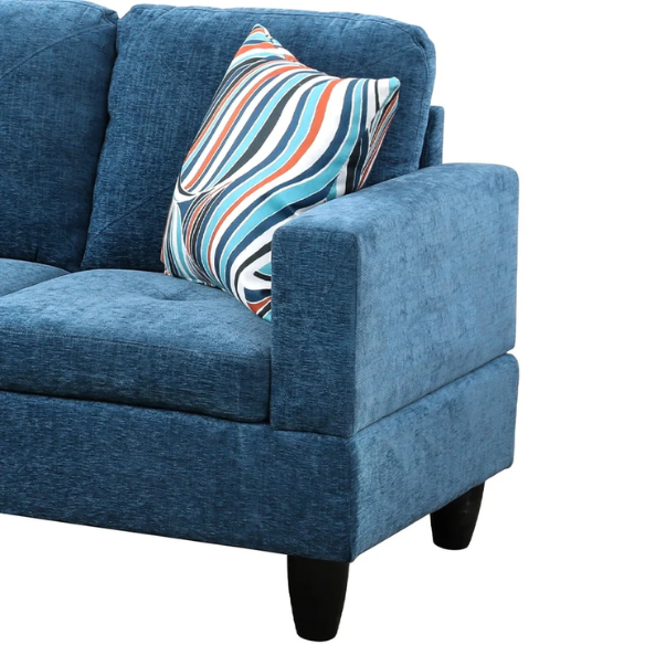 Dark teal L-shaped sectional sofa with right-facing chaise and ottoman, microfiber upholstery and light gray wooden legs
