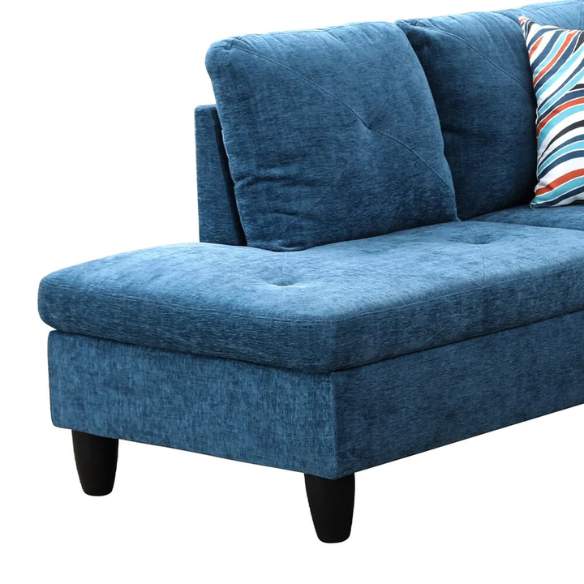 Dark teal L-shaped sectional sofa with right-facing chaise and ottoman, microfiber upholstery and light gray wooden legs