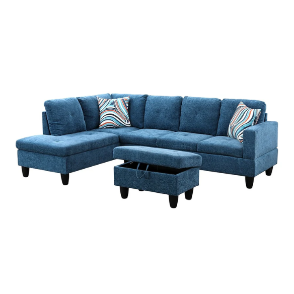 Dark teal L-shaped sectional sofa with right-facing chaise and ottoman, microfiber upholstery and light gray wooden legs