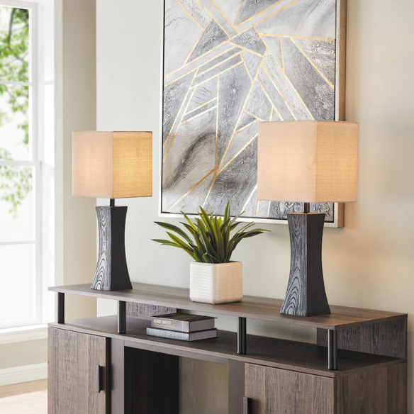 Set of two dark walnut table lamps with beige linen fabric rectangular shades, 26.5 inches tall.