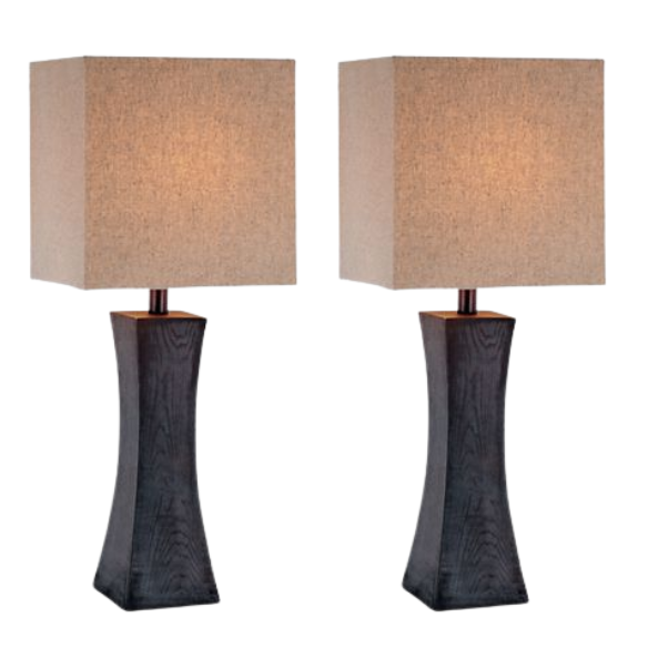 Set of two dark walnut table lamps with beige linen fabric rectangular shades, 26.5 inches tall.