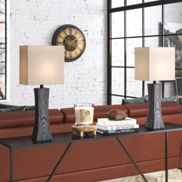 Set of two dark walnut table lamps with beige linen fabric rectangular shades, 26.5 inches tall.
