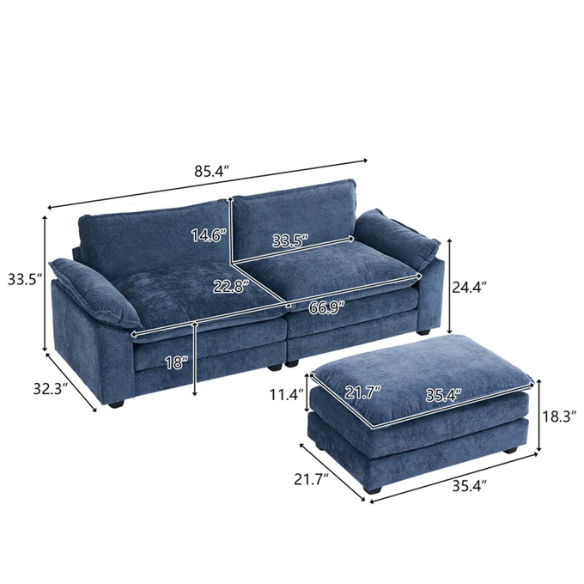 Deep blue chenille modular cloud sofa with plush foam cushions, pillow top arms, and a matching ottoman