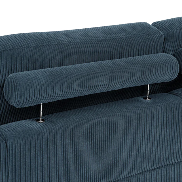 Deep blue corduroy convertible sleeper sofa with adjustable headrest, twin bed functionality, and mid-century wood legs
