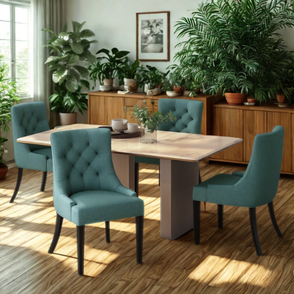 Set of four deep teal upholstered dining chairs with diamond tufted backs, armless design, sloped sides, and espresso brown wooden legs.