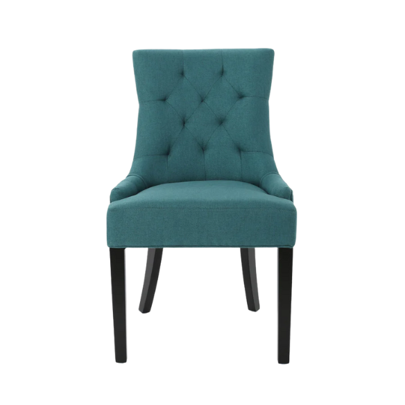 Set of four deep teal upholstered dining chairs with diamond tufted backs, armless design, sloped sides, and espresso brown wooden legs.