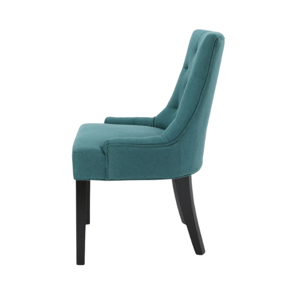 Set of four deep teal upholstered dining chairs with diamond tufted backs, armless design, sloped sides, and espresso brown wooden legs.