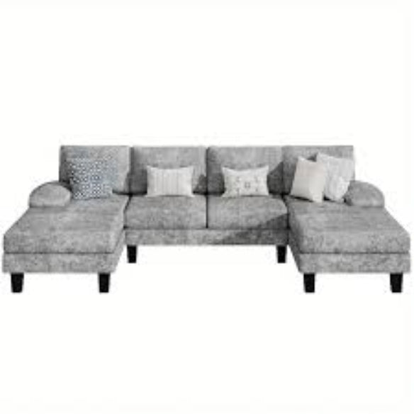 U-shaped sectional sofa with chaise lounges, featuring luxurious grey velvet upholstery, high-density foam, and spring pack for ultimate comfort. Spacious enough to seat 4 people, with removable, machine-washable covers for easy cleaning. Perfect for family rooms or entertaining guests.