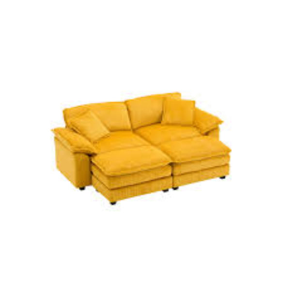 Luxurious yellow velvet sofa with soft ribbed corduroy upholstery, featuring high-resilience foam cushioning and pocket spring support for ultimate comfort. Sturdy solid wood frame and sleek black plastic legs enhance durability and modern appeal, perfect for any living room, office, or bedroom.