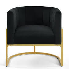 Midnight black modern accent chair with a sleek gold arc-shaped iron base, offering stylish comfort and durability. Perfect for living rooms, bedrooms, offices, and lounges. Sturdy iron frame for long-lasting support and relaxation.