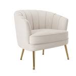 Elegant cream beige velvet shell-shaped accent chair with tufted design and gold-finished metal legs, offering comfort and modern sophistication for living rooms, bedrooms, or offices.
