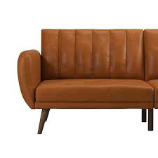 Stylish faux leather futon with ribbed tufted back, oak-colored wooden legs, and multi-position split-back for sitting, lounging, and sleeping. Ideal for small spaces, offering comfort and versatility with a sturdy frame, easy conversion, and extra support for guests.