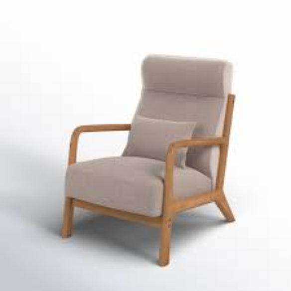 Beige high-back accent chair with plush, high-density cushions and breathable fabric for ultimate comfort. Features an extra pillow for back and neck support, perfect for long sitting sessions. Built with a durable solid wood frame, supporting up to 250 lbs. Footpads protect floors and reduce noise. Ergonomic design offers lumbar support and promotes relaxation. Versatile beige color fits various home styles, ideal for living rooms, bedrooms, and offices. Easy assembly and low maintenance.