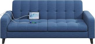 Mid-Century Modern 2-Seater Loveseat in elegant dark blue, featuring sleek lines, tapered wood-grain legs, USB charging ports, and comfortable foam cushions. Perfect for smaller spaces, living rooms, or offices.