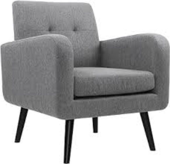 A smokey grey Mid-Century Modern accent chair with a sleek square tufted back and gracefully curved arms. The chair features a neutral smokey grey upholstery that complements various décor styles, paired with dark espresso birch wood tapered legs for a sophisticated look. Designed for comfort with a 6-inch foam cushion and durable hardwood frame, it supports up to 300 lbs. Ideal for small spaces, this chair is perfect for living rooms, offices, or reading nooks. Quick and easy assembly with included tools a