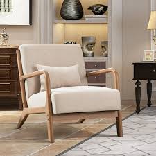 Beige low-back accent chair with plush cushions and ergonomic design, featuring a solid wood frame and footpads for stability. Ideal for living rooms, bedrooms, or offices, offering comfort and support with high-density sponge cushioning and breathable linen fabric. Easy to assemble and maintain, perfect for relaxation and reading.