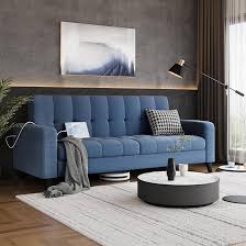 Mid-Century Modern 2-Seater Loveseat in elegant dark blue, featuring sleek lines, tapered wood-grain legs, USB charging ports, and comfortable foam cushions. Perfect for smaller spaces, living rooms, or offices.