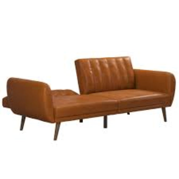 Stylish faux leather futon with ribbed tufted back, oak-colored wooden legs, and multi-position split-back for sitting, lounging, and sleeping. Ideal for small spaces, offering comfort and versatility with a sturdy frame, easy conversion, and extra support for guests.