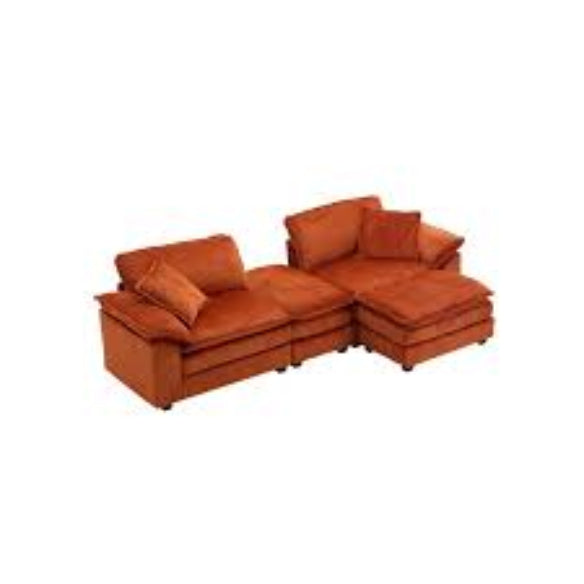 Luxurious burnt orange velvet sofa with ribbed corduroy upholstery, offering superior comfort with foam and pocket spring construction, sleek black plastic legs, and a modern design ideal for contemporary living rooms and offices.