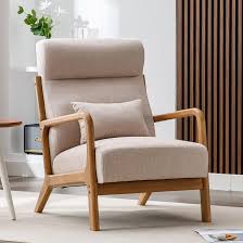 Beige high-back accent chair with plush, high-density cushions and breathable fabric for ultimate comfort. Features an extra pillow for back and neck support, perfect for long sitting sessions. Built with a durable solid wood frame, supporting up to 250 lbs. Footpads protect floors and reduce noise. Ergonomic design offers lumbar support and promotes relaxation. Versatile beige color fits various home styles, ideal for living rooms, bedrooms, and offices. Easy assembly and low maintenance.